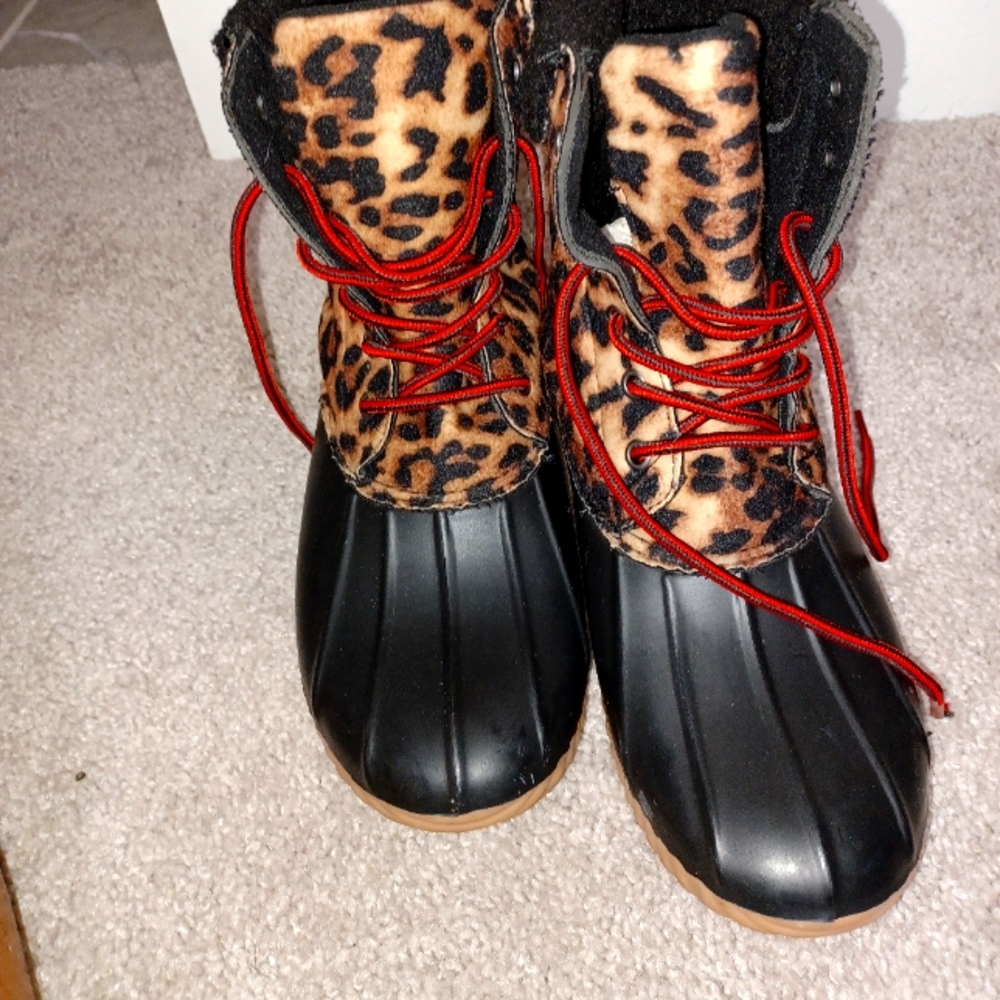 Animal print duck boots.